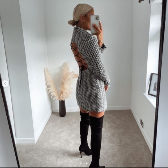 NWT Zara * Houndstooth Textured Tweed Blazer Dress Cut Out Size XS S - Picture 4 of 15